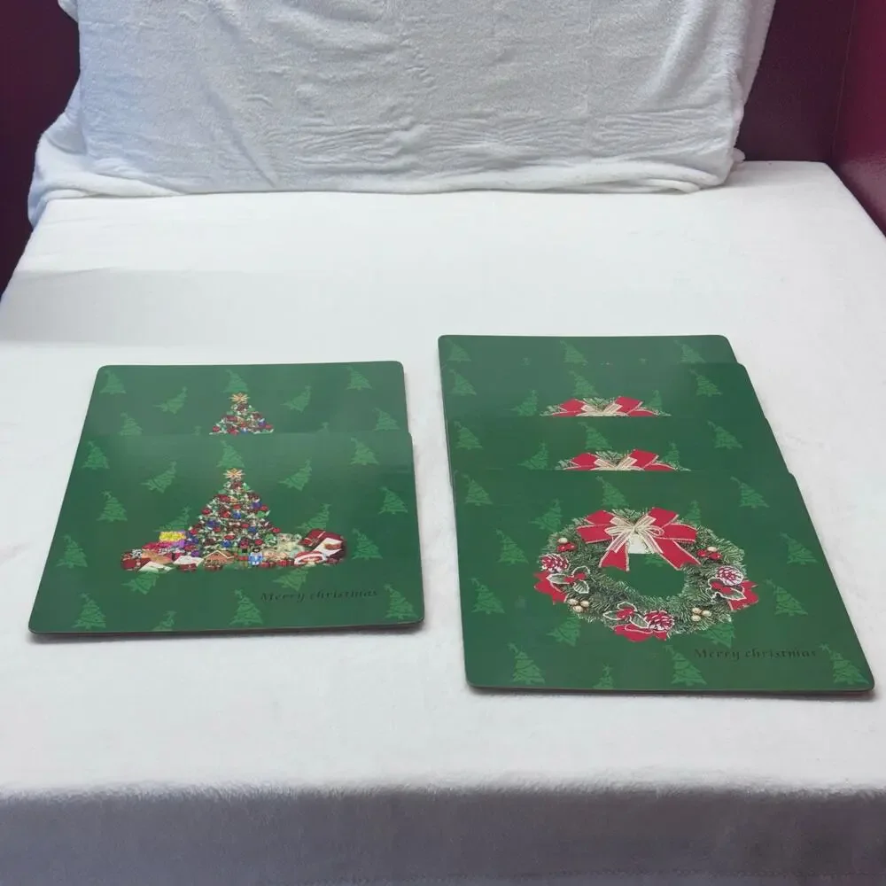 Set of 6 Christmas Tree & Wreath‎ Cork Placemats Holiday Red & Green Dinner Mats